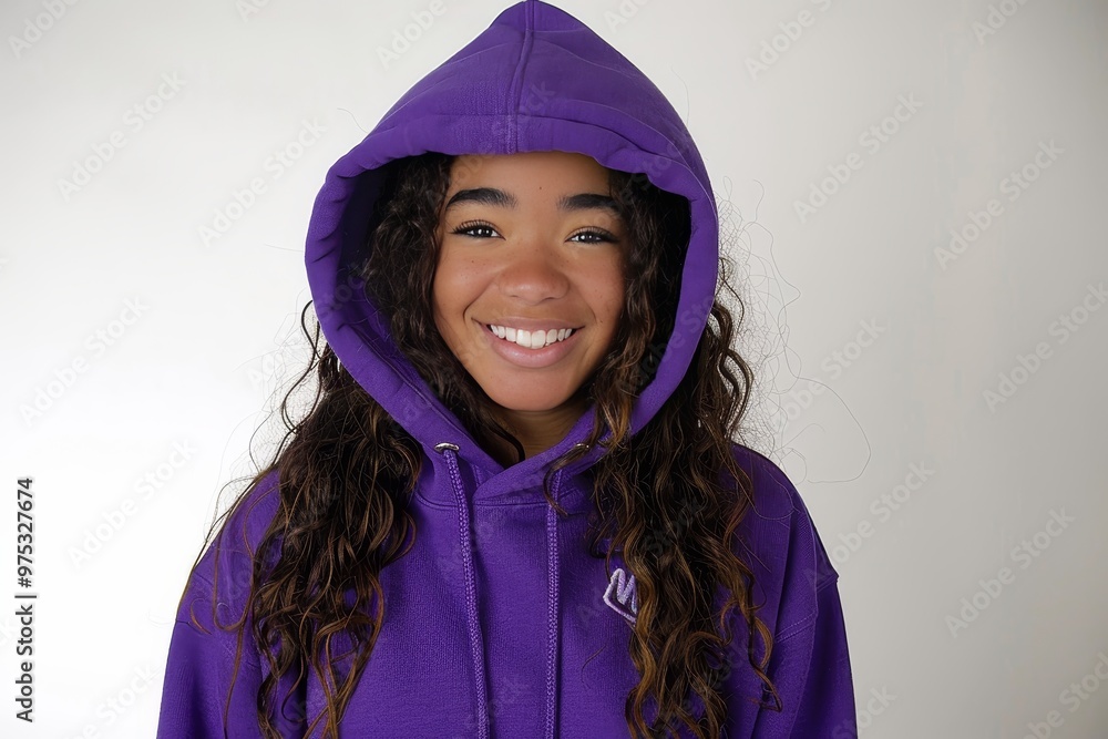 Young Woman with Curly Hair Smiling in Purple Hoodie, Casual Style, Isolated on White Background Young Woman with Curly Hair Smiling in Purple Hoodie, Casual Style, Isolated on White Background
