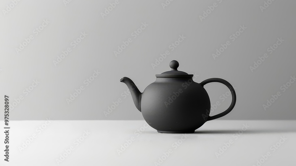 A lone ceramic teapot in matte black, set against a stark white backdrop, emphasizing its smooth contours A lone ceramic teapot in matte black, set against a stark white backdrop, emphasizing its smooth contours