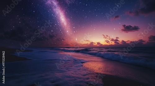 A stunning night sky with the Milky Way galaxy, a starry sky, clouds, and a beach with foamy waves and a reflective sea.