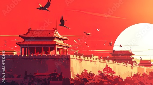 National Day poster background material illustration, minimalist ink painting
