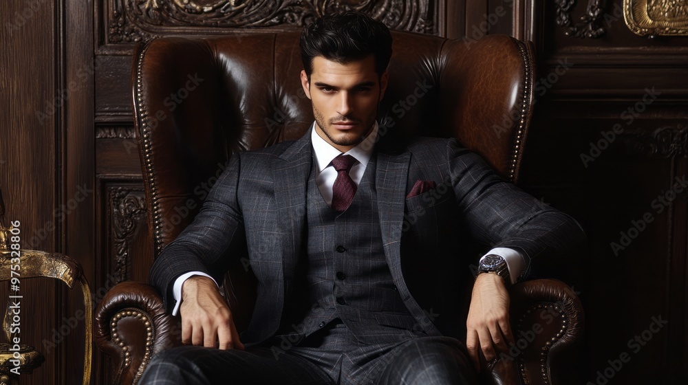 Sophisticated Style: Luxury Suit Model in Leather Chair Sophisticated Style: Luxury Suit Model in Leather Chair