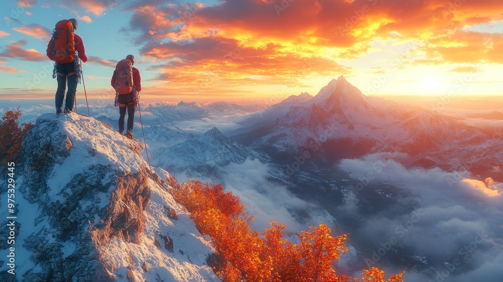 Two hikers admire a stunning sunset over snowy mountains. Two hikers admire a stunning sunset over snowy mountains.