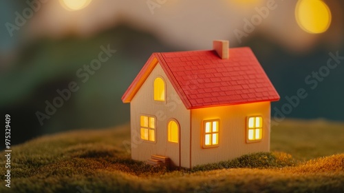 Cozy miniature house with glowing windows on grassy surface, evening illumination concept