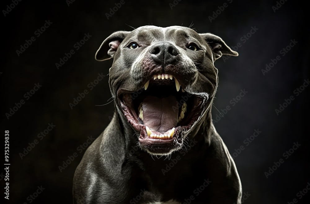 An angry pitbull, its mouth open, barking against a black background. An angry pitbull, its mouth open, barking against a black background.
