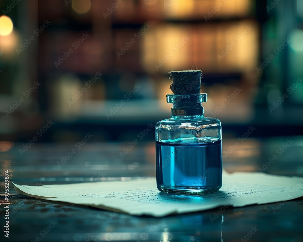 A lone, glass vial of vibrant blue ink on a writer s desk A lone, glass vial of vibrant blue ink on a writer s desk