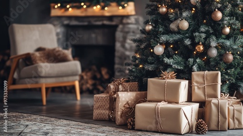 A cozy living room with a decorated Christmas tree and presents under it, creating a warm and festive atmosphere.