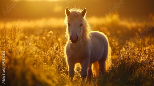 Fjord pony in golden sunset photo