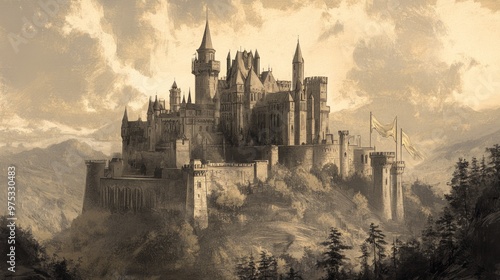 Majestic Castle Illustration: Vintage Engraving of a Hilltop Fortress 1