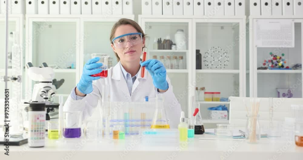 Female researcher pours red liquid from beaker into test tube at workplace. Woman chemist prepares materials for experiments in lab Female researcher pours red liquid from beaker into test tube at workplace. Woman chemist prepares materials for experiments in lab