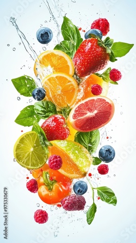 A vibrant splash of fresh fruits and mint leaves, showcasing the beauty of nature's colors and refreshing flavors.