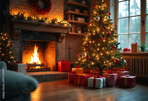 Cozy Christmas Fireplace with Decorated Tree and Gifts