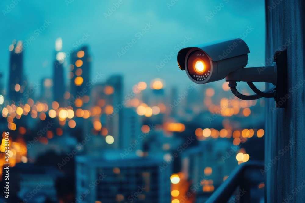 A sleek CCTV camera mounted on a wall, with a blurred cityscape background at dusk, featuring glowing streetlights and high-rise buildings A sleek CCTV camera mounted on a wall, with a blurred cityscape background at dusk, featuring glowing streetlights and high-rise buildings