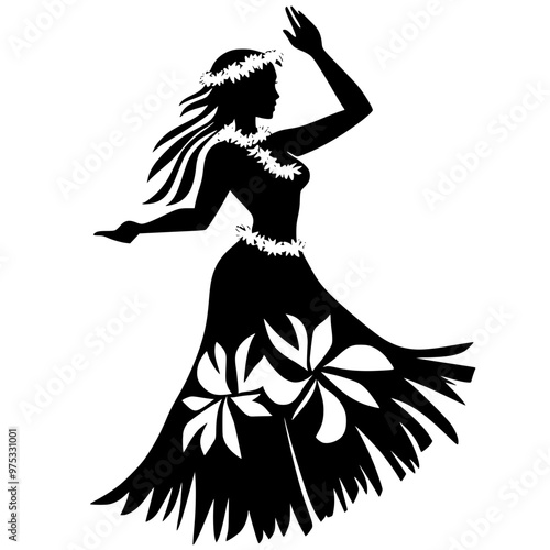 Silhouette of a Hula dancer in traditional attire, A black and white silhouette of a female Hula dancer in a traditional outfit, performing a graceful dance with flowing movements.
