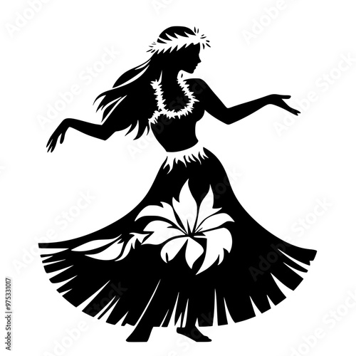Silhouette of a Hula dancer in traditional attire, A black and white silhouette of a female Hula dancer in a traditional outfit, performing a graceful dance with flowing movements.
