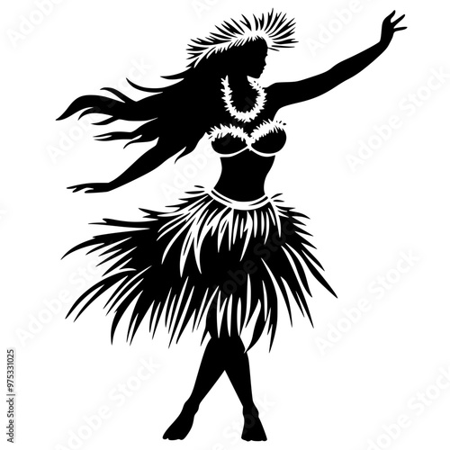 Silhouette of a Hula dancer in traditional attire, A black and white silhouette of a female Hula dancer in a traditional outfit, performing a graceful dance with flowing movements.
