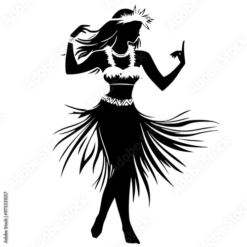 Silhouette of a Hula dancer in traditional attire, A black and white silhouette of a female Hula dancer in a traditional outfit, performing a graceful dance with flowing movements.
