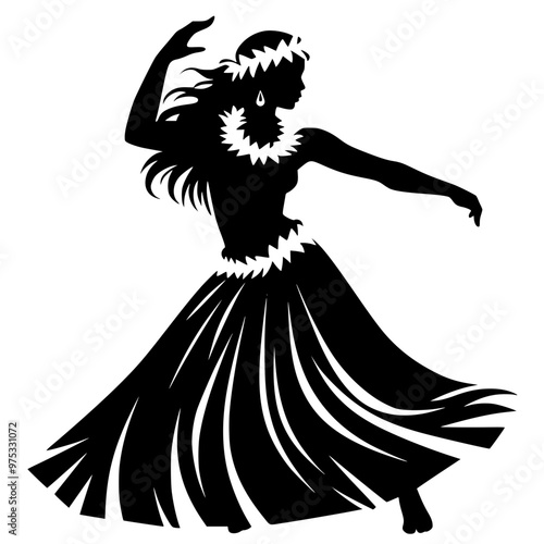 Silhouette of a Hula dancer in traditional attire, A black and white silhouette of a female Hula dancer in a traditional outfit, performing a graceful dance with flowing movements.
