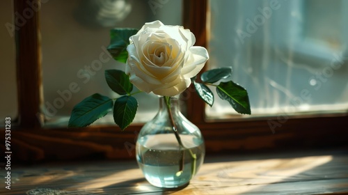A lone, handblown glass vase containing a single, longstemmed white rose