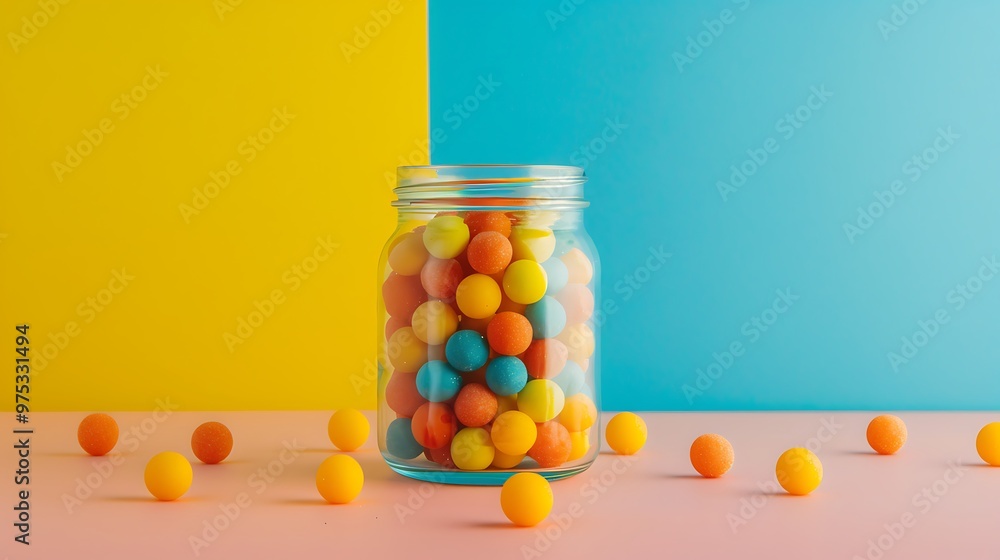 rubber flattened balls in a jar on the table isolated on colorful background rubber flattened balls in a jar on the table isolated on colorful background