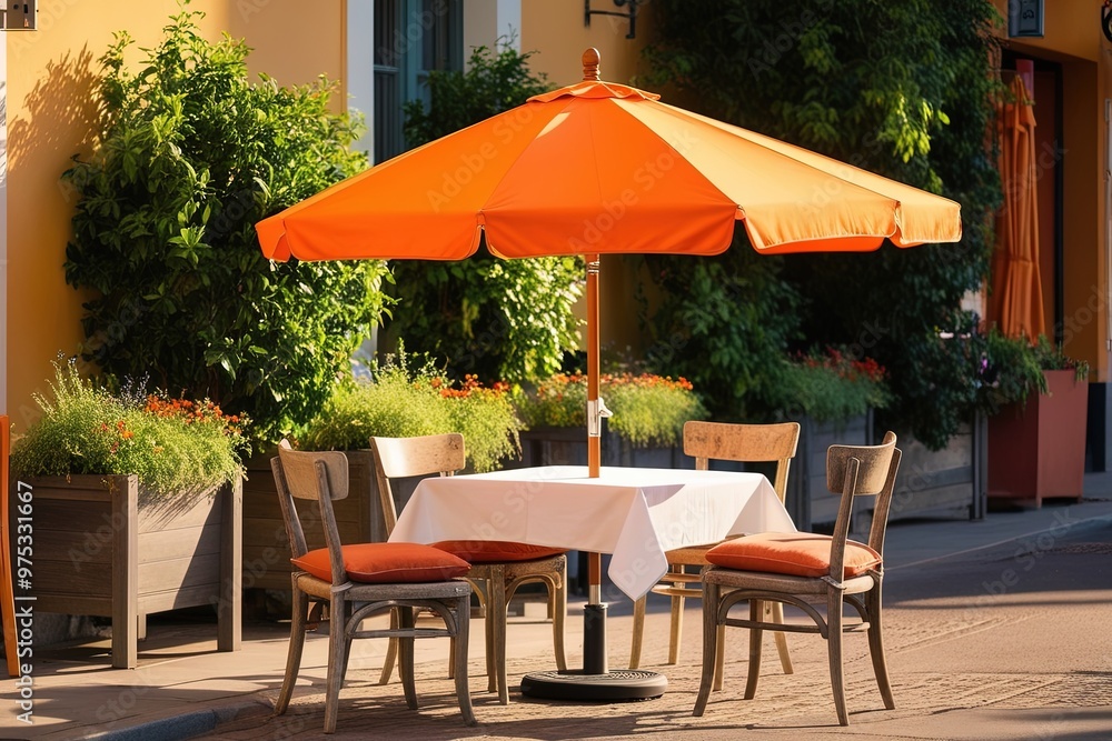 Obraz premium A charming street cafe scene set against a warm, sunny backdrop