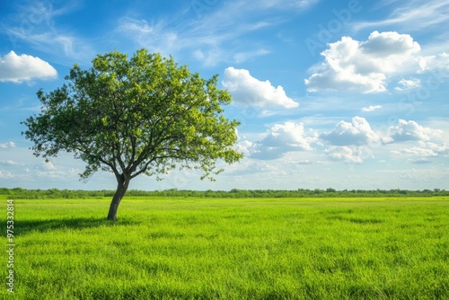 Green grass field lawn with tree and blue sky Green Meadows Beautiful Journey Through Nature Great as a background, web banner , ai