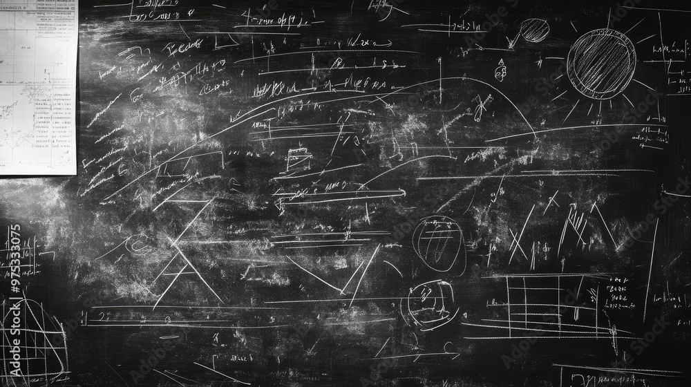 A close-up shot of a black chalkboard covered in white chalk drawings and writing. A close-up shot of a black chalkboard covered in white chalk drawings and writing.