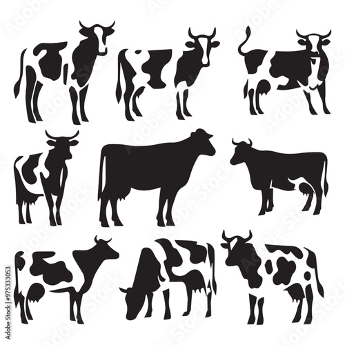 Cow black silhouette vector set isolated on white background for farm design