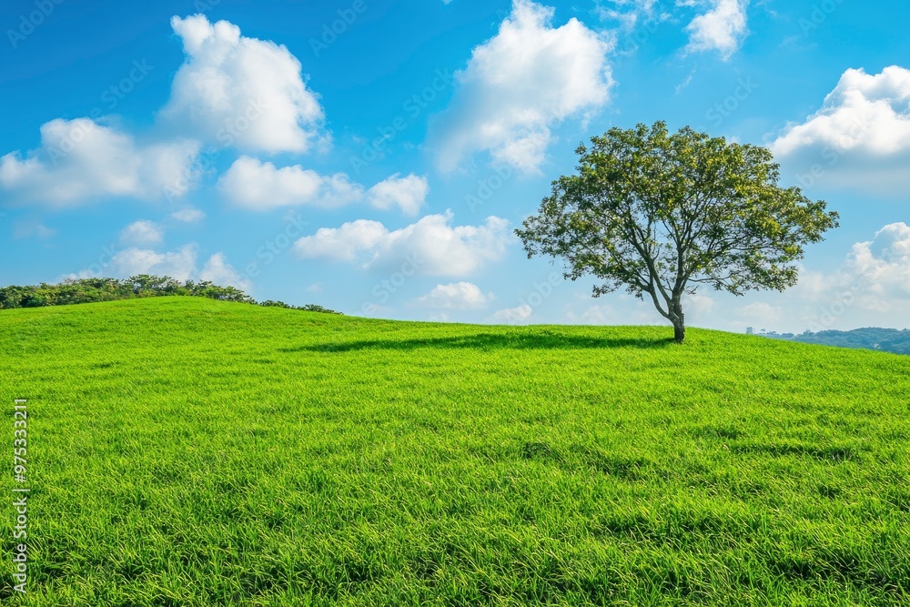Green grass field lawn with tree and blue sky Green Meadows Beautiful Journey Through Nature Great as a background, web banner , ai Green grass field lawn with tree and blue sky Green Meadows Beautiful Journey Through Nature Great as a background, web banner , ai