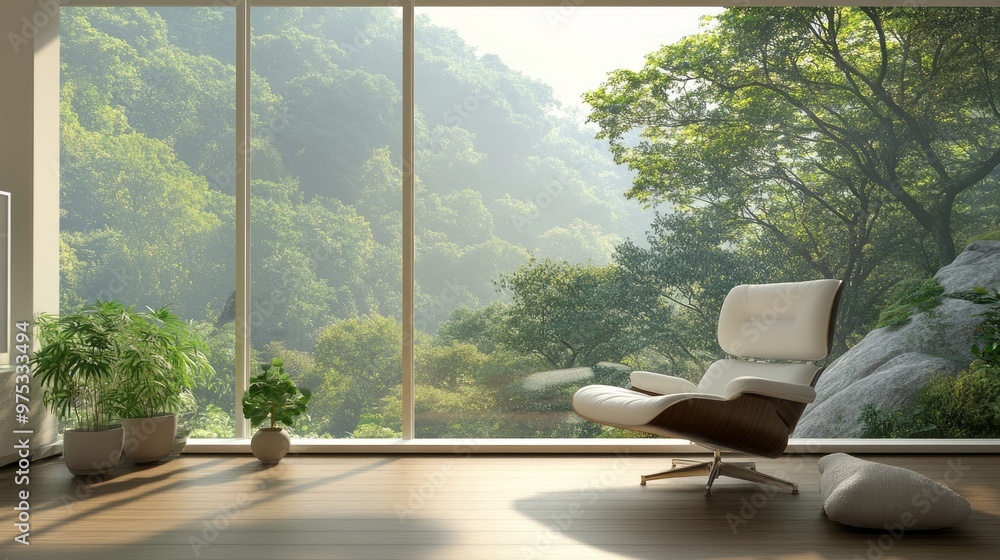 Modern Interior Design: White Chair & Sunlight Through Large Window Modern Interior Design: White Chair & Sunlight Through Large Window