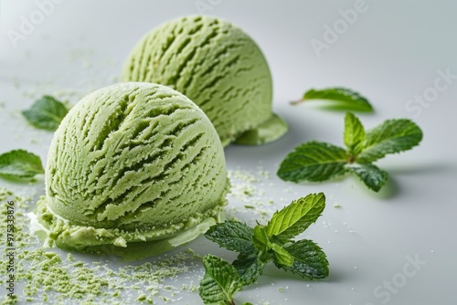 Japanese green tea ice cream garnished with mint leaves