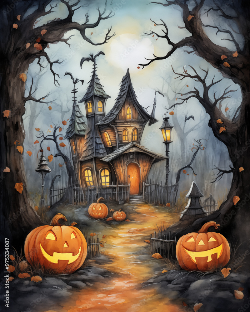 halloween party invitation card background with haunted house pumpkins jack-o-lanterns and bats watercolor style illustration orange black yellow lamps forest spooky autumn leaves seasonal vertical halloween party invitation card background with haunted house pumpkins jack-o-lanterns and bats watercolor style illustration orange black yellow lamps forest spooky autumn leaves seasonal vertical