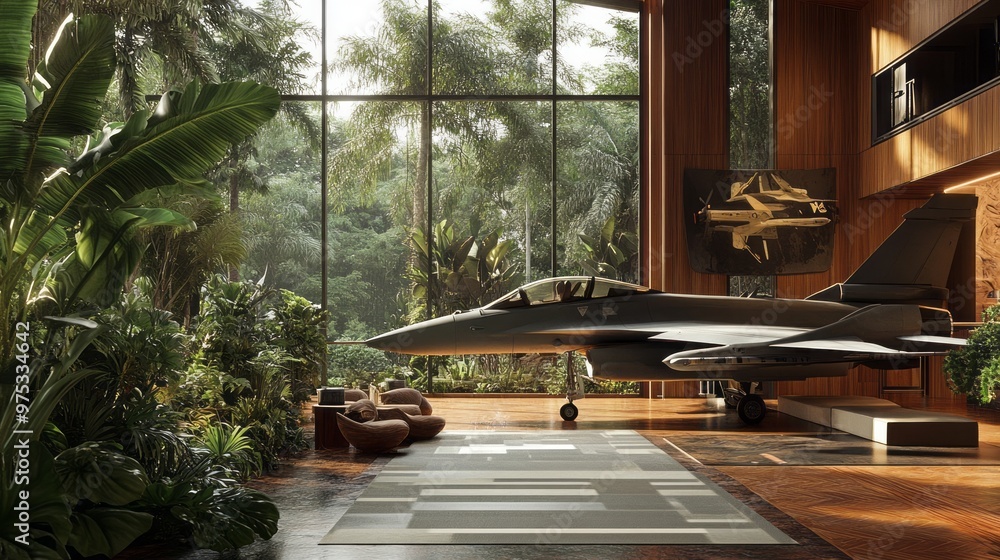 Fototapeta premium Tropical Oasis: Cozy Indoor Space with Wooden Decor and a Surprising Twist