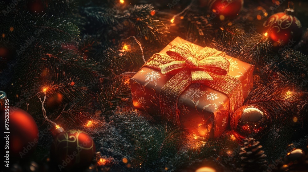 A Christmas gift box with a gold ribbon, wrapped in orange paper, surrounded by pine branches, red ornaments, and warm fairy lights. A Christmas gift box with a gold ribbon, wrapped in orange paper, surrounded by pine branches, red ornaments, and warm fairy lights.