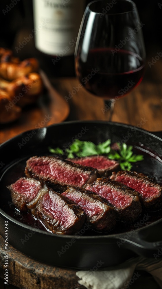 Juicy Steak Paired with a Glass of Rich Red Wine on a Rustic Wooden Table Juicy Steak Paired with a Glass of Rich Red Wine on a Rustic Wooden Table