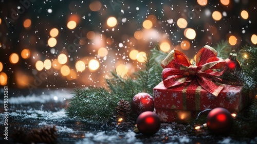 A red gift box with a golden bow and red baubles, set against a snowy background with twinkling lights.