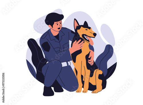 A flat illustration of a police officer kneeling beside a sniffer dog, showing care and partnership. The officer appears attentive while the dog is calm, symbolizing the bond between them.