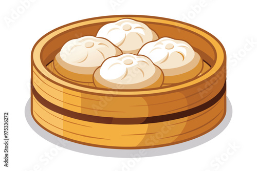 Dim sum in steamer basket illustration on white background.