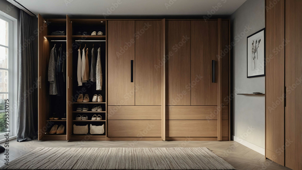 Bespoke wooden wardrobe with sleek handles in a walk in closet Bespoke wooden wardrobe with sleek handles in a walk in closet
