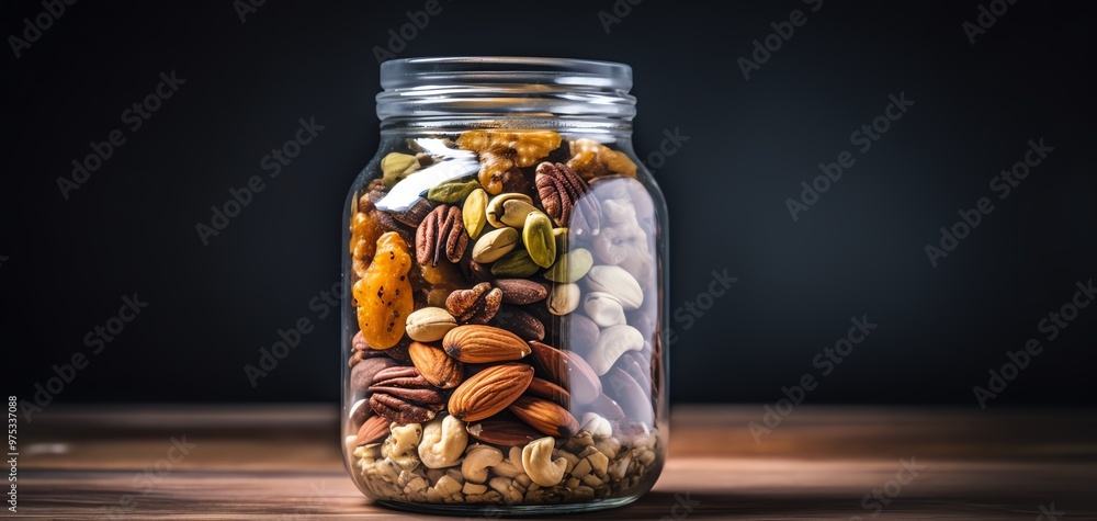 A glass jar filled with an assortment of healthy nuts, showcasing vibrant colors and textures, perfect for a nutritious snack. A glass jar filled with an assortment of healthy nuts, showcasing vibrant colors and textures, perfect for a nutritious snack.