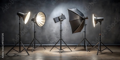 three photography studio lights two with saltboxes