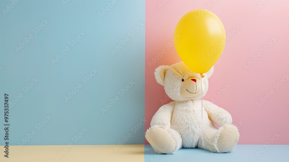 Smiling white teddy bear holding one yellow balloon isolated on colorful background Smiling white teddy bear holding one yellow balloon isolated on colorful background