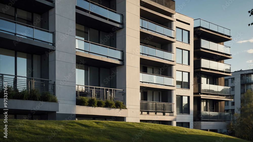 Contemporary apartment building with sleek lines and large balconies Contemporary apartment building with sleek lines and large balconies