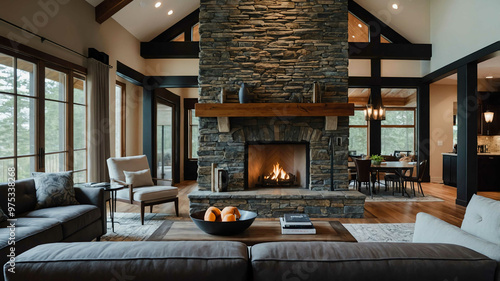 Custom designed stone fireplace in an open concept living space