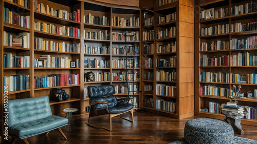 Custom floor to ceiling bookshelves filled with designer decor in a home library