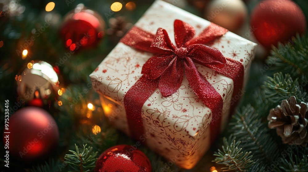Christmas gift box with red ribbon and ornaments on a fir branch. Christmas gift box with red ribbon and ornaments on a fir branch.