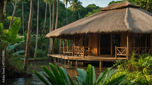 Eco lodge with a thatched roof and wooden beams in a jungle setting photo