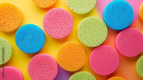 Spongy round flat items of different colours isolated on colorful background