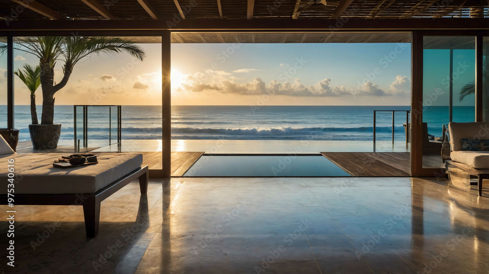 Fototapeta premium Luxury beachfront villa with an expansive terrace and glass doors