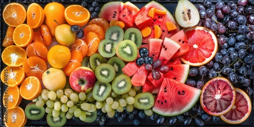 Aerial perspective of an abundant fruit arrangement showcasing melons, citrus fruits, green kiwis, red apples, pears, and bunches of grapes.