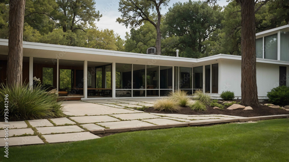 Naklejka premium Mid century modern home with large windows and minimalist landscaping